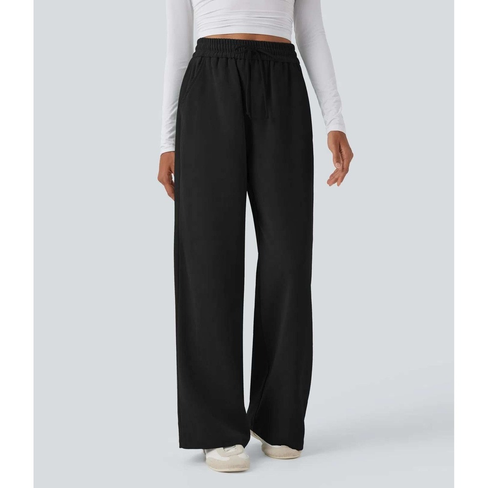 Halara Wide Leg Casual Pants Womens Black Pull On Drawstring Flowy‎ Relaxed Fit